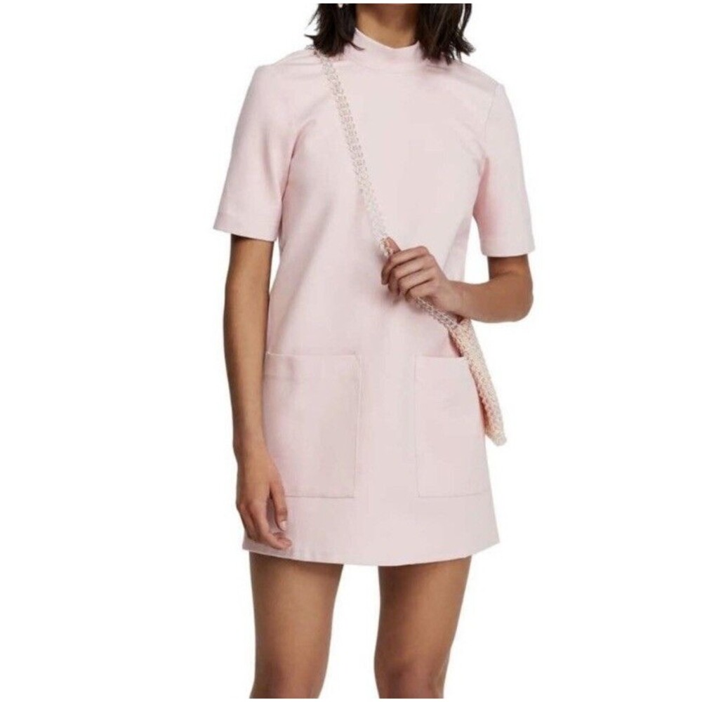 XS FREE PEOPLE BABY PINK WESTHILL MINI SHIFT SMOCK BLACK TIE POCKET DRESS